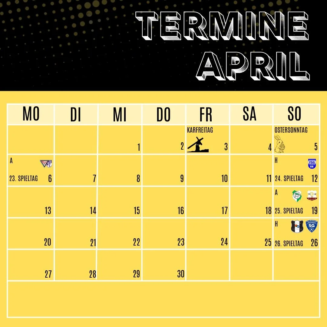 Termine April

Alle Termine des April auf einen Blick.
Kommt vorbei und unterst&uuml;tzt unsere Mannschaften bei den entsprechenden Spielen.

#kalender #termin&uuml;bersicht