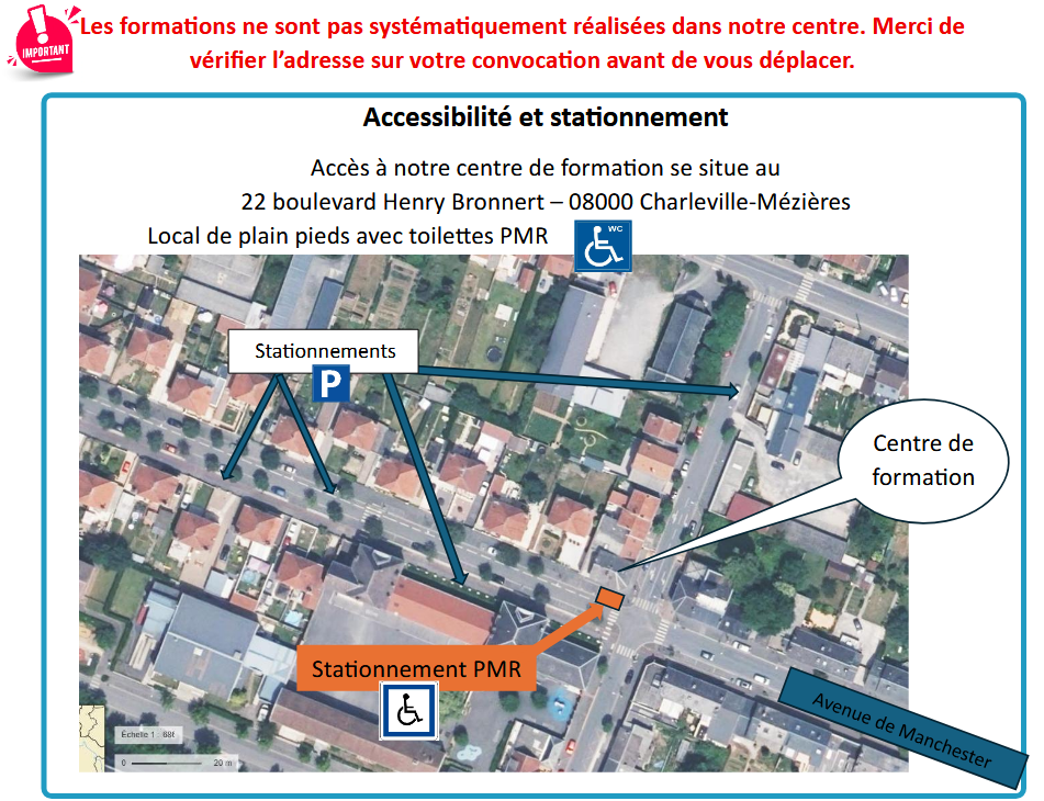Plan d'accès au centre de formation situé au 22 boulevard Henry Bronnet à Charleville-Mézières. Indications pour le stationnement, avec un parking et des toilettes PMR, et un accès pour personne à mobilité réduite.