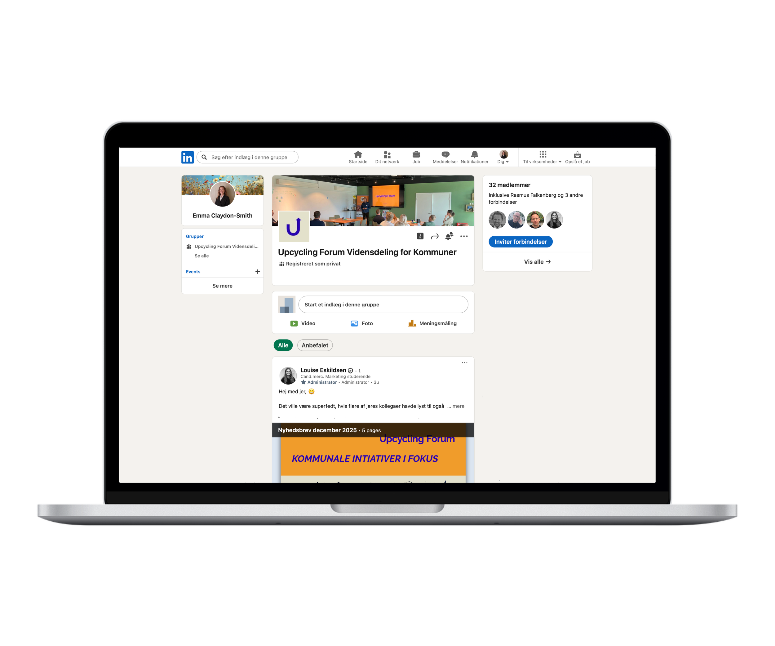 Computerskærm med LinkedIn Vidensdelingsgruppe på med opslag, gruppenavn og medlemsoversigt.