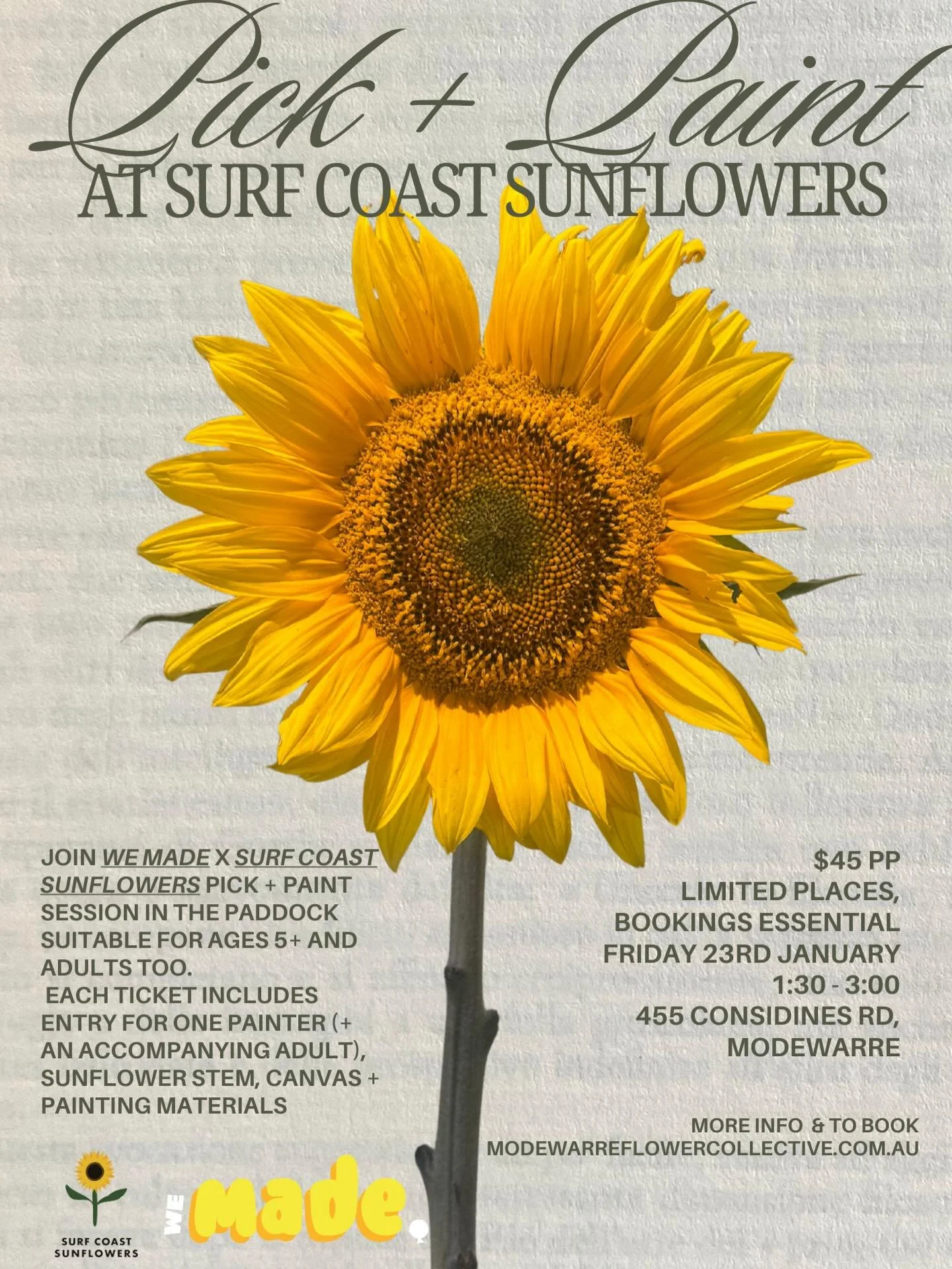 PICK + PAINT at @surfcoast_sunflowers 🌻

@wemade.au &amp; @surfcoast_sunflowers are teaming up for the ultimate way to end the school holidays. Pick your own sunflower, paint a sunflower inspired artwork in a guided session with Jess from @wemade.au