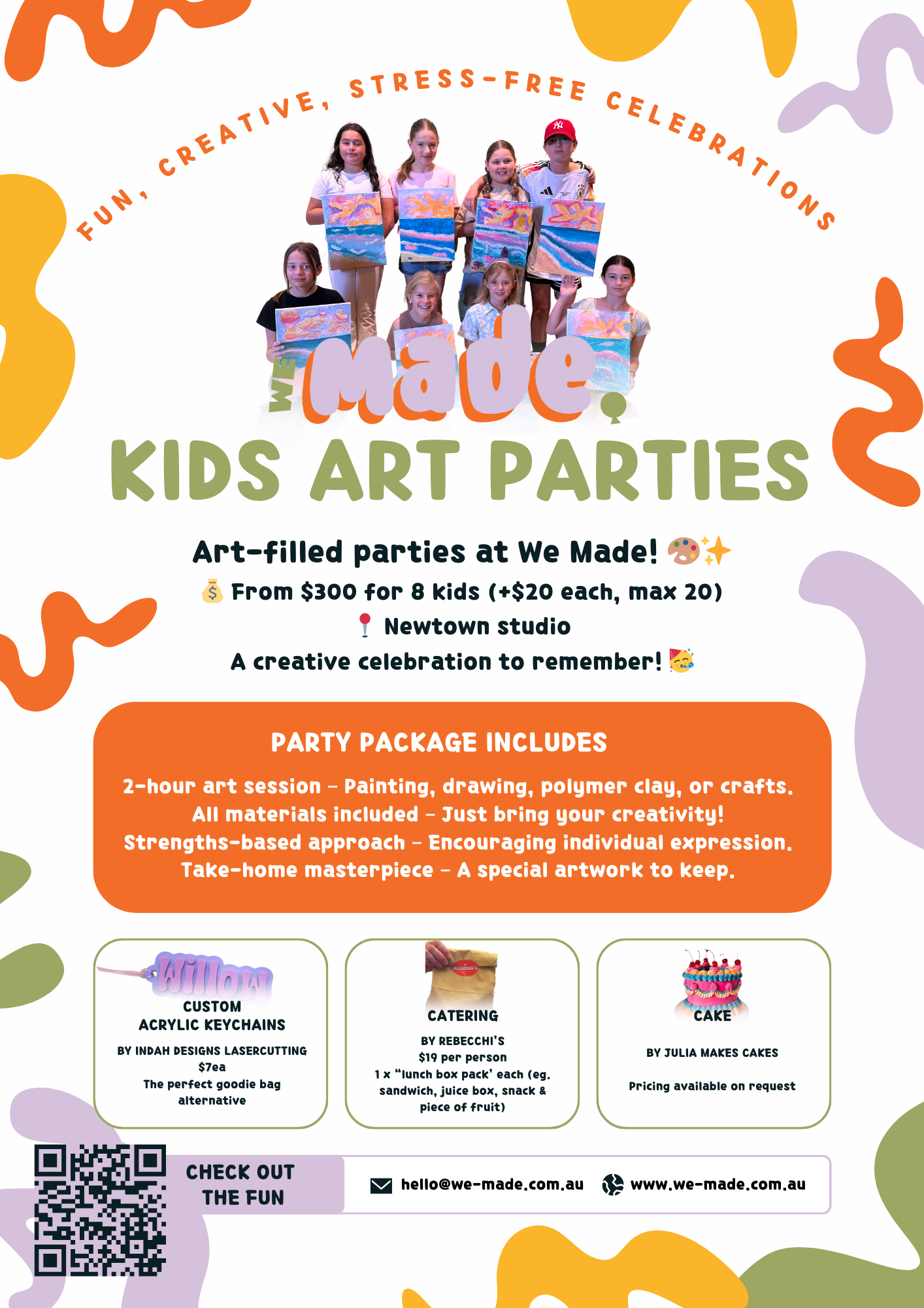 Flyer for We Made Kids Art Parties, showing a group of children holding paintings. Text highlights fun, creative, stress-free celebrations, starting at $300 for 8 kids, with a 2-hour art session. Party package includes painting, drawing, craft materials, and a take-home artwork. Featured options include acrylic keychains, catering, and cakes.