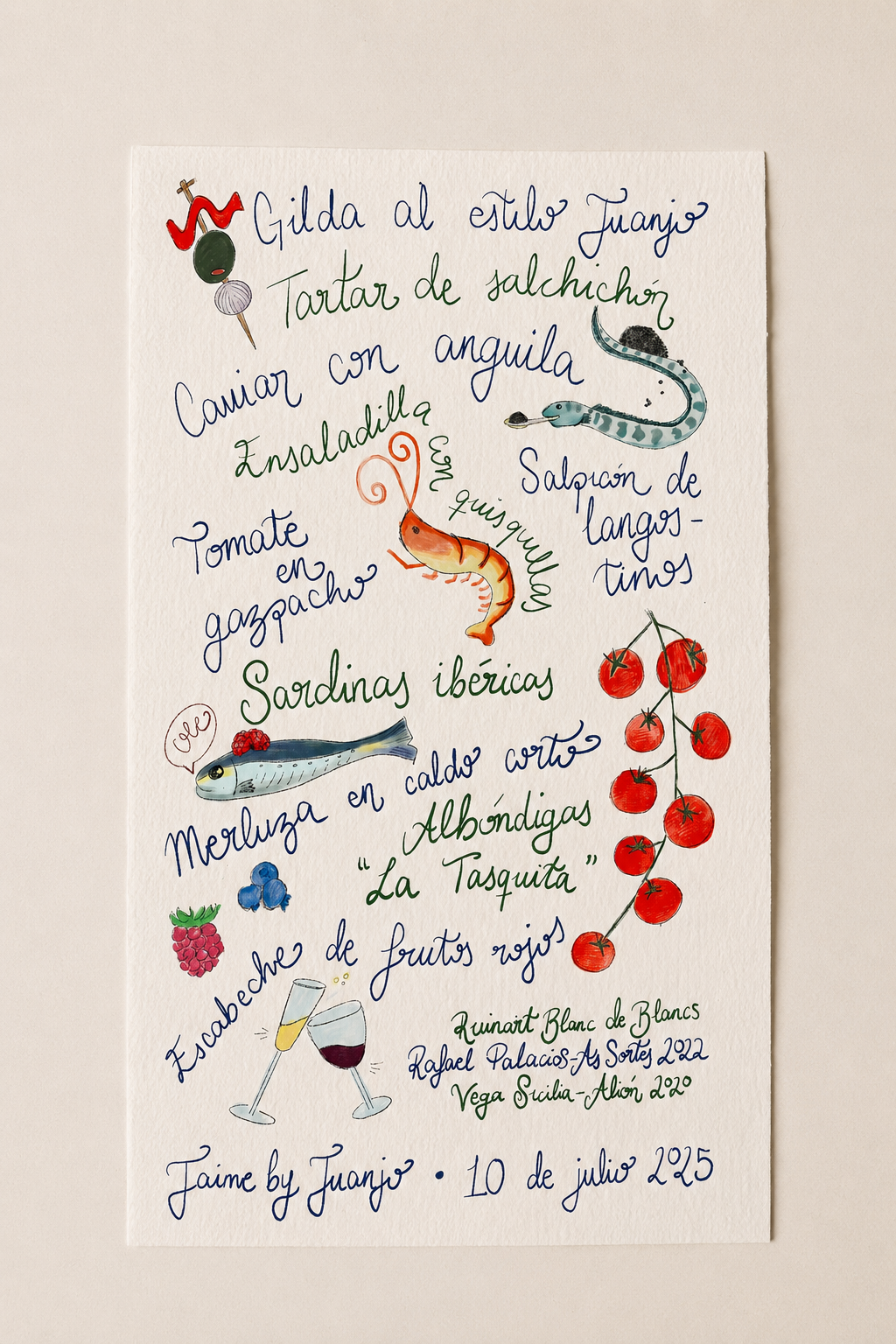 Jaime by Juanjo -
Hand-lettered menu and illustrations