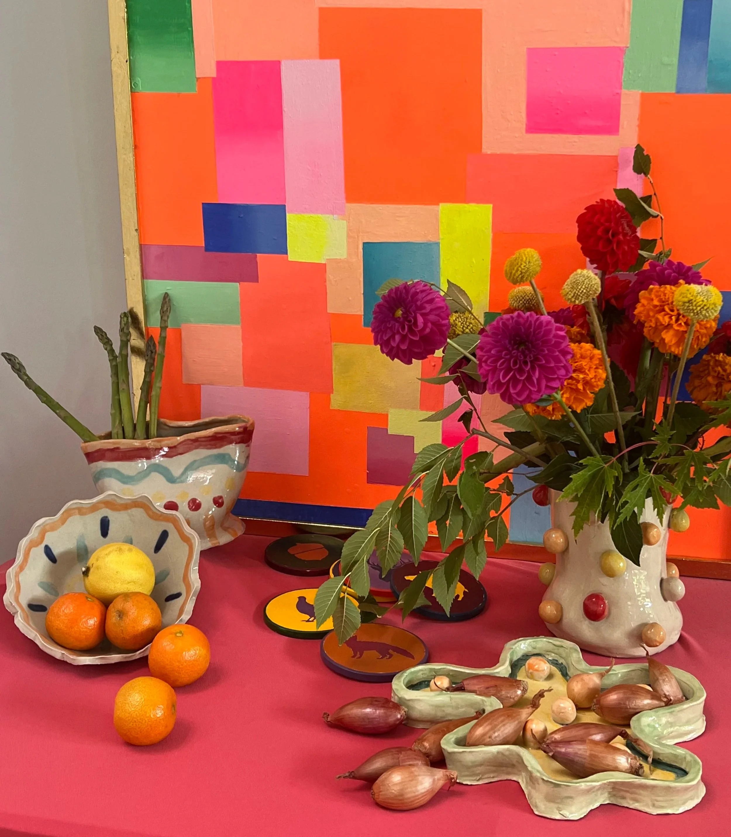 Ceramic vases, bowl, trinket dish and coasters;  abstract painting. 