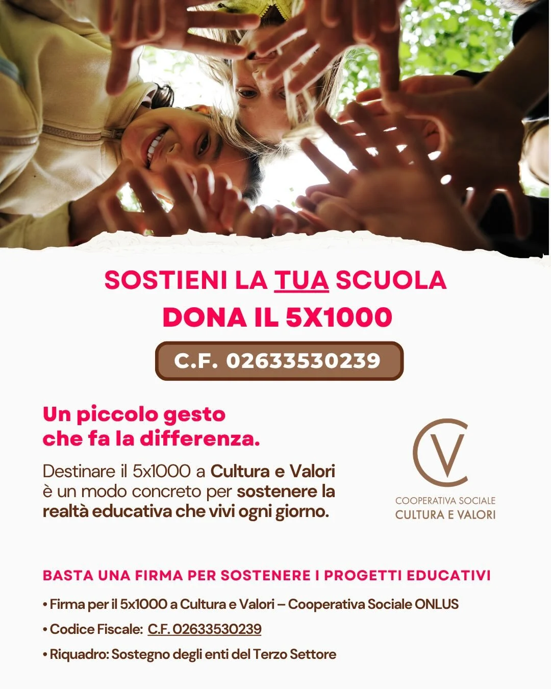 Un gesto semplice pu&ograve; fare la differenza. 
Con il tuo 5x1000 puoi sostenere ogni giorno le scuole della nostra cooperativa, i ragazzi e tutta la comunit&agrave; educativa.
&bull; Non ti costa nulla
&bull; Ma per noi vale tantissimo
Scegli Cult