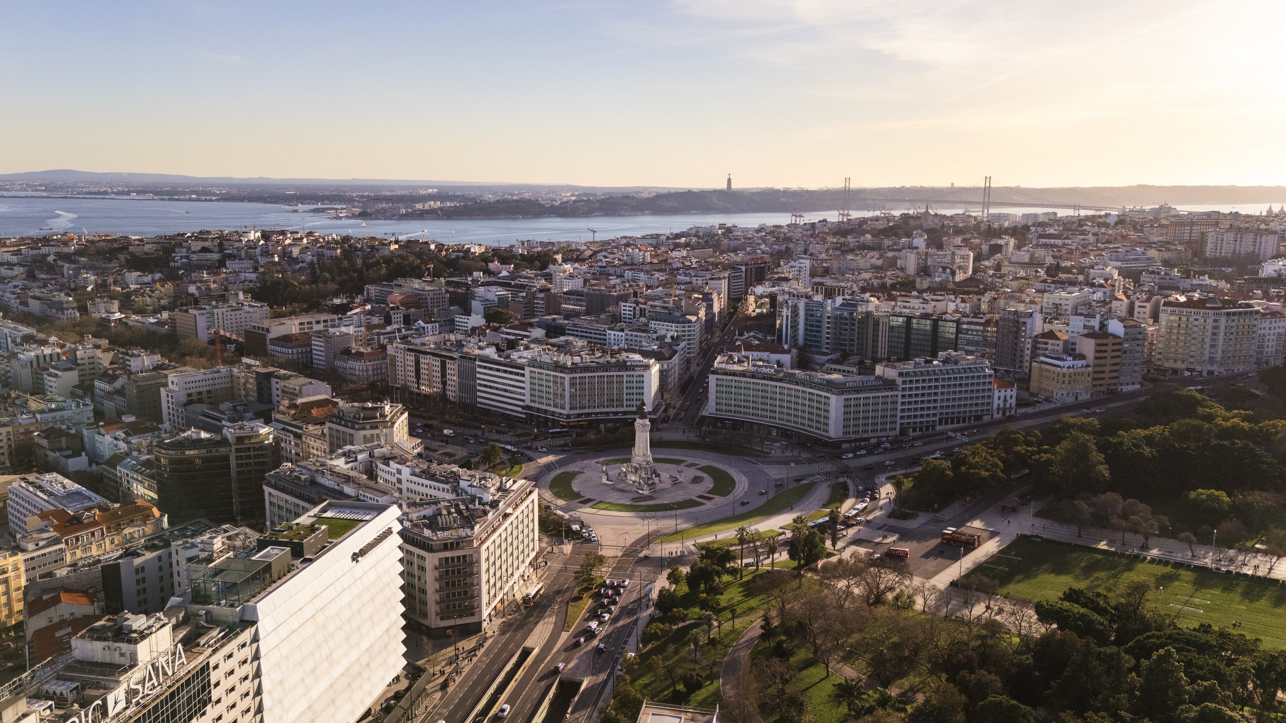 Drone photo of Lisbon over Eduardo VII Park, Marquês de Pombal and the Tagus