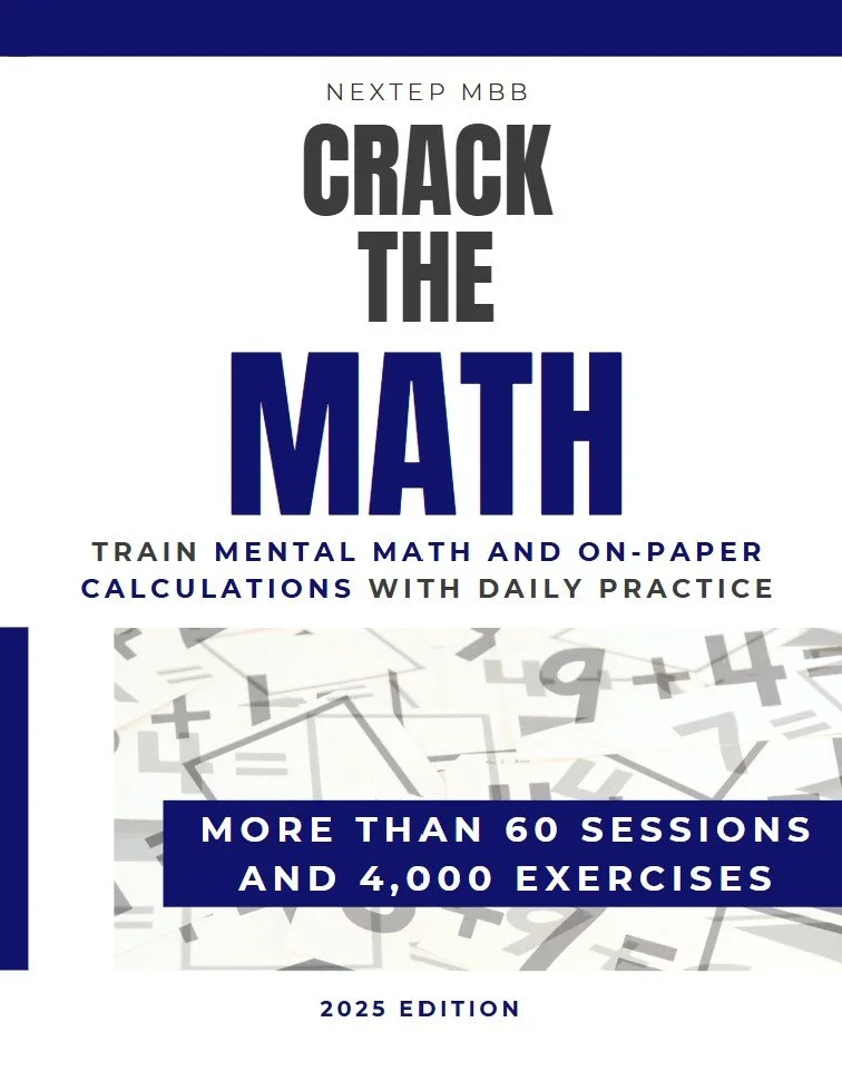 Portada del libro "Crack The Math – Edición 2025", un cuaderno de preparación para consultoría con 60 sesiones y más de 4.000 ejercicios para entrenar cálculo mental y razonamiento cuantitativo.