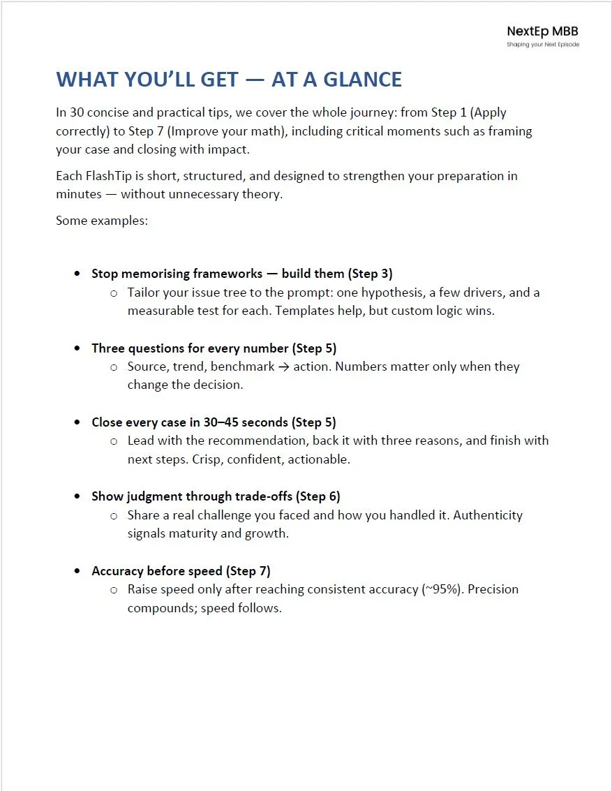 Downloadable PDF containing 30 consulting FlashTips: practical advice on resumes, tests, frameworks, and interviews.