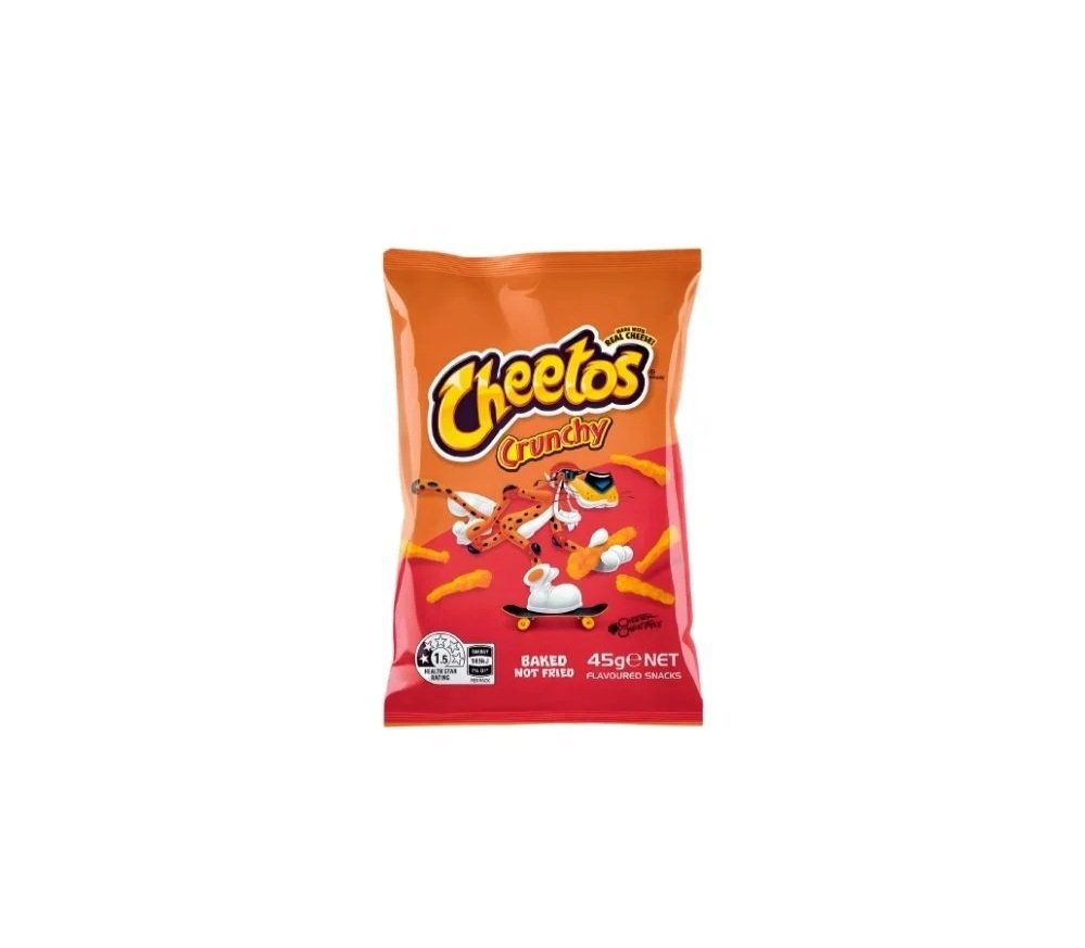 A bag of Cheetos Crunchy flavored snacks with a cartoon cheetah riding a skateboard on the front.