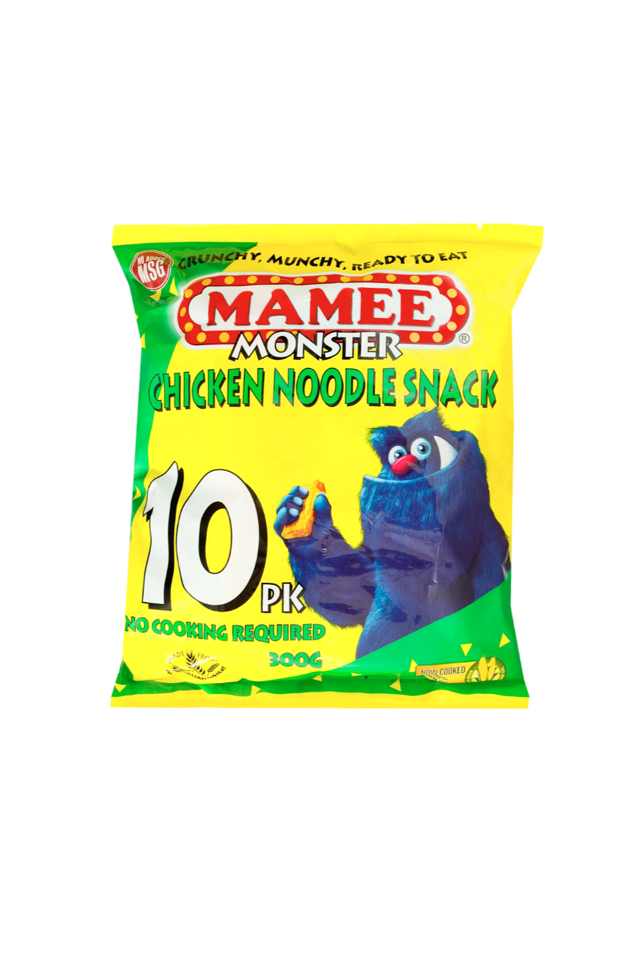 A bright yellow bag of MAMEE Monster Chicken Noodle Snack with cartoon bear mascot on front, labeled as 10 pieces, no cooking required, weighing 300 grams.