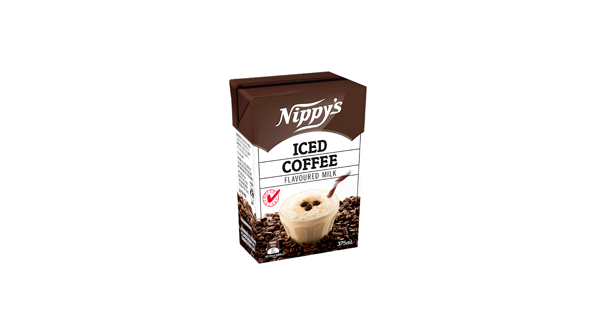 A carton of Nippy's iced coffee flavored milk, 375ml, with an image of iced coffee topped with coffee beans on the front.