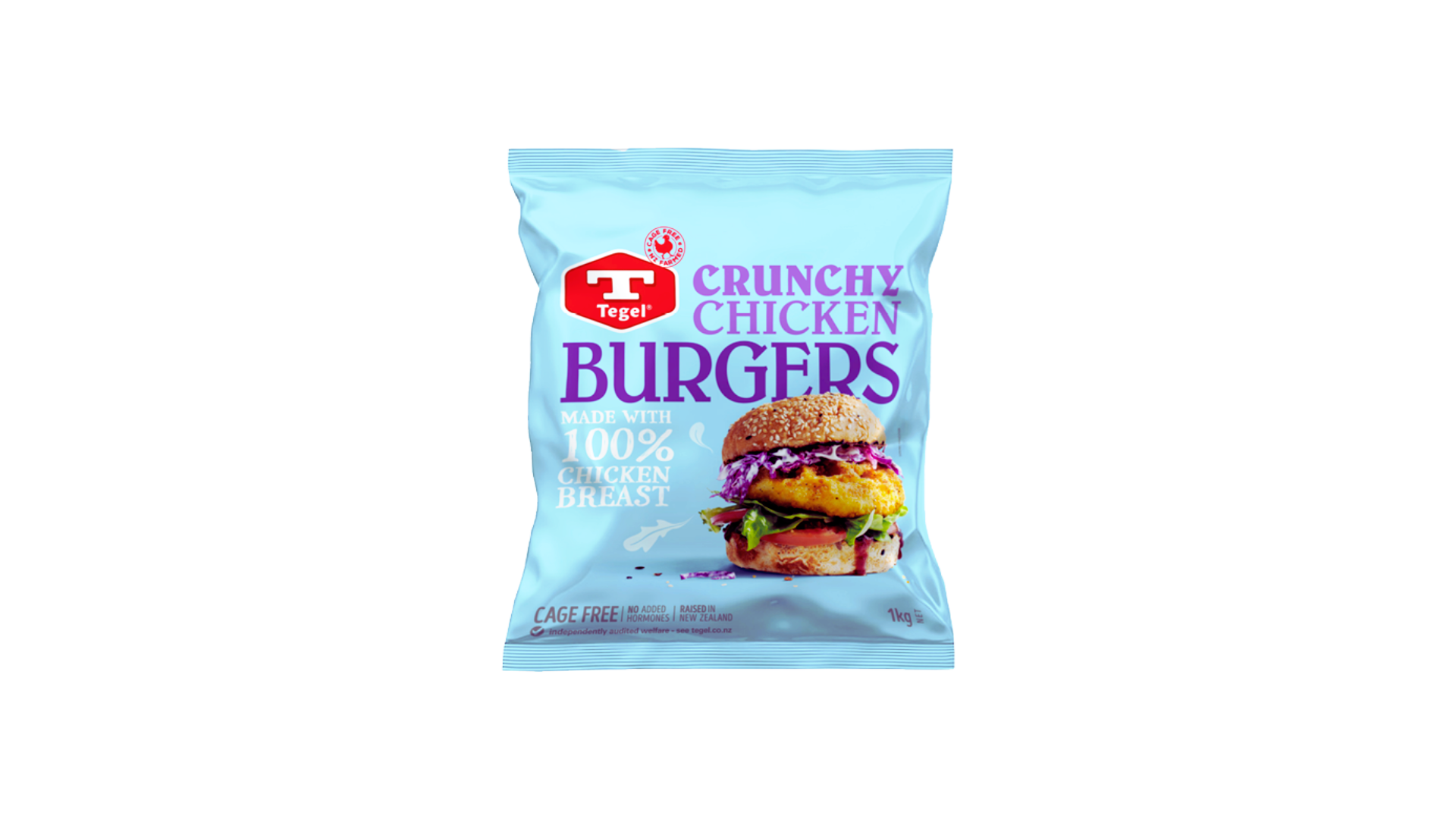 A bag of Tegel crunchy chicken burgers with a picture of a chicken burger on the front, featuring a bun, fried chicken patty, lettuce, tomato, and purple cabbage.
