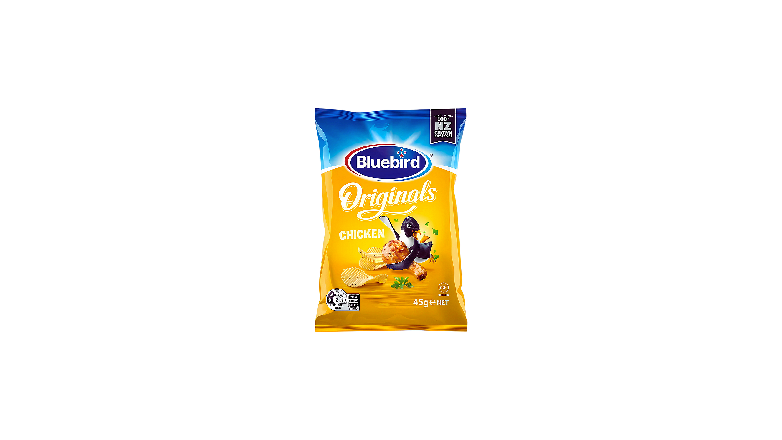 Chicken: Bluebird Originals Chicken Potato Chips, 45g.