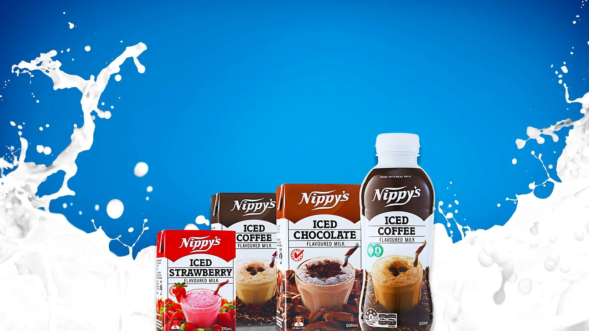 Four cartons of Nippy's flavored milk drinks, including strawberry, iced coffee, iced chocolate, and iced coffee in a bottle, set against a blue background with splashes of milk.