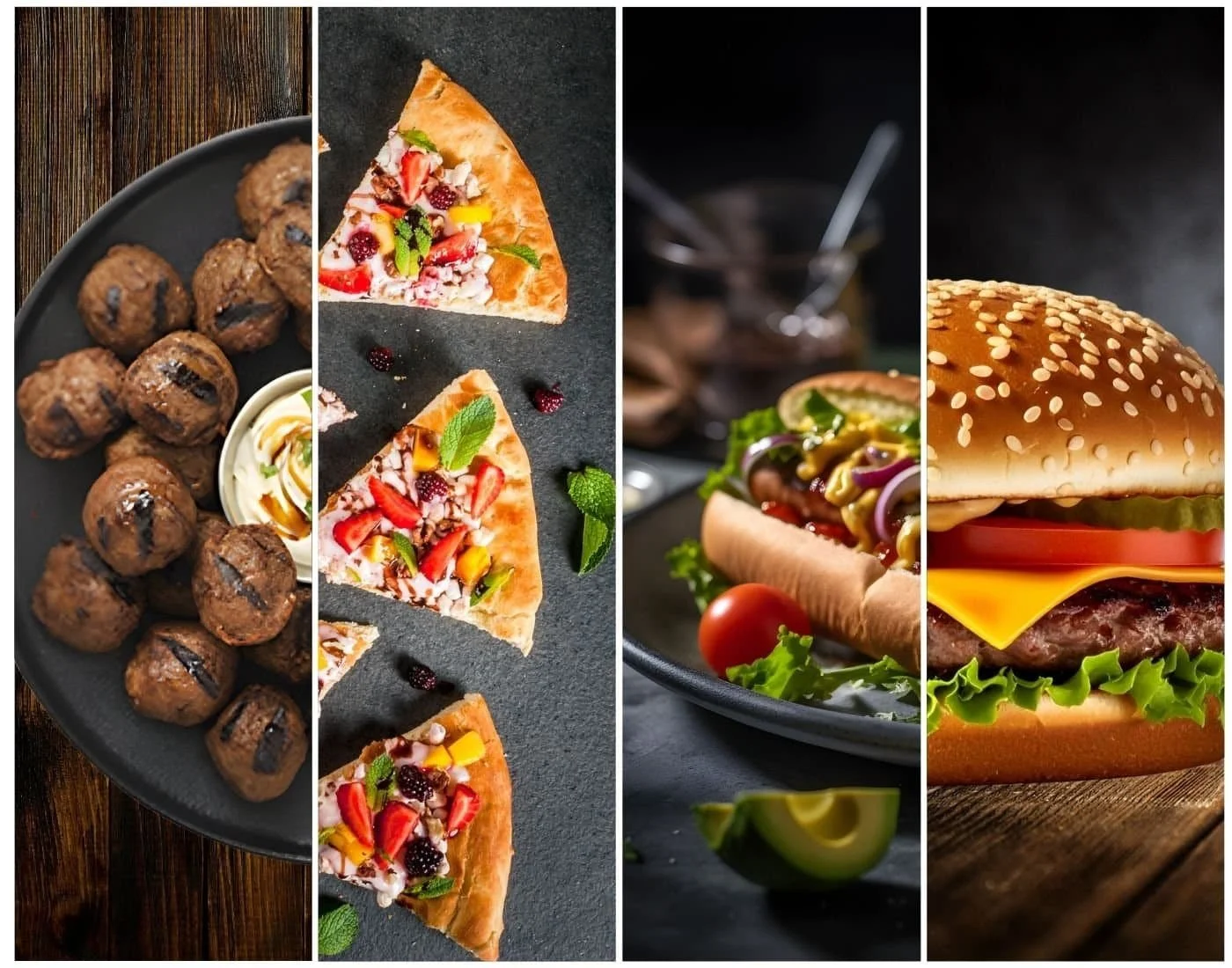 A collage showing meatballs, fruit-topped pizza, a hotdog, and a cheeseburger—perfect for school tuck shop solutions.