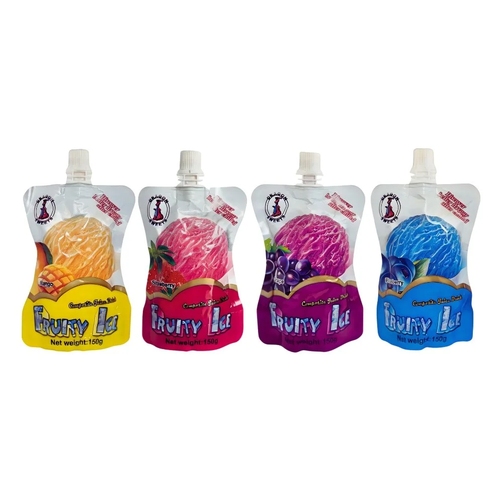 Shop Preview: Four colorful Fruity Ice pouches—mango, strawberry, grape, and blueberry—stand side by side.