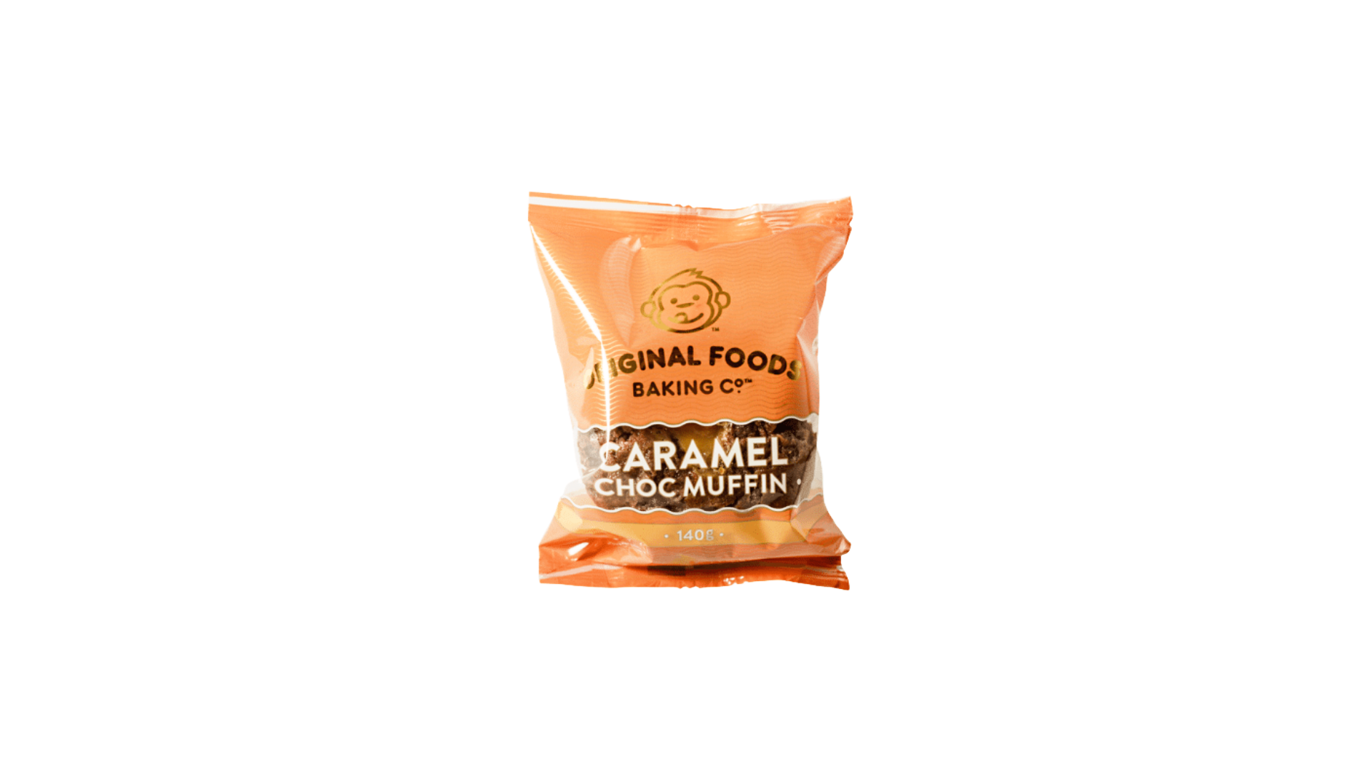 Caramel chocolate muffin snack package from Original Foods Baking Co. with a cartoon face logo and text indicating 140 grams.