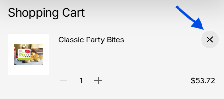 Shopping cart checkout page showing a selected item 'Classic Party Bites' with a quantity of 1, priced at $53.72, and an 'X' button highlighted with a blue arrow.