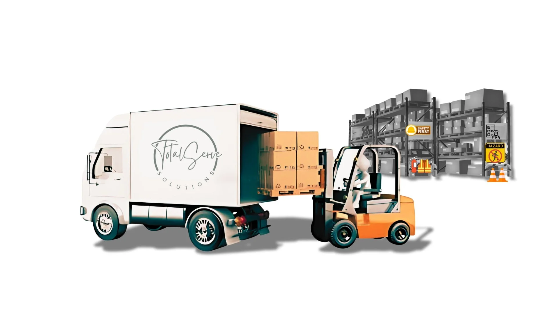 A forklift loads boxes into a delivery truck labeled TotalServe Solutions near a warehouse with shelves.