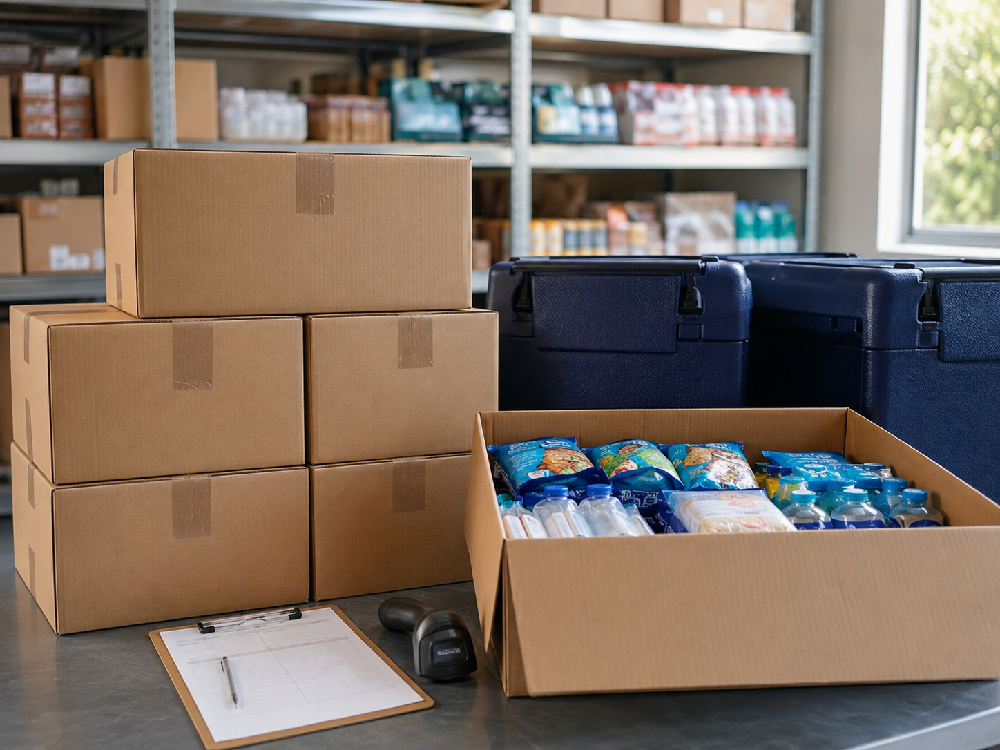 Packaged food orders and insulated containers prepared for delivery to Auckland school canteens.