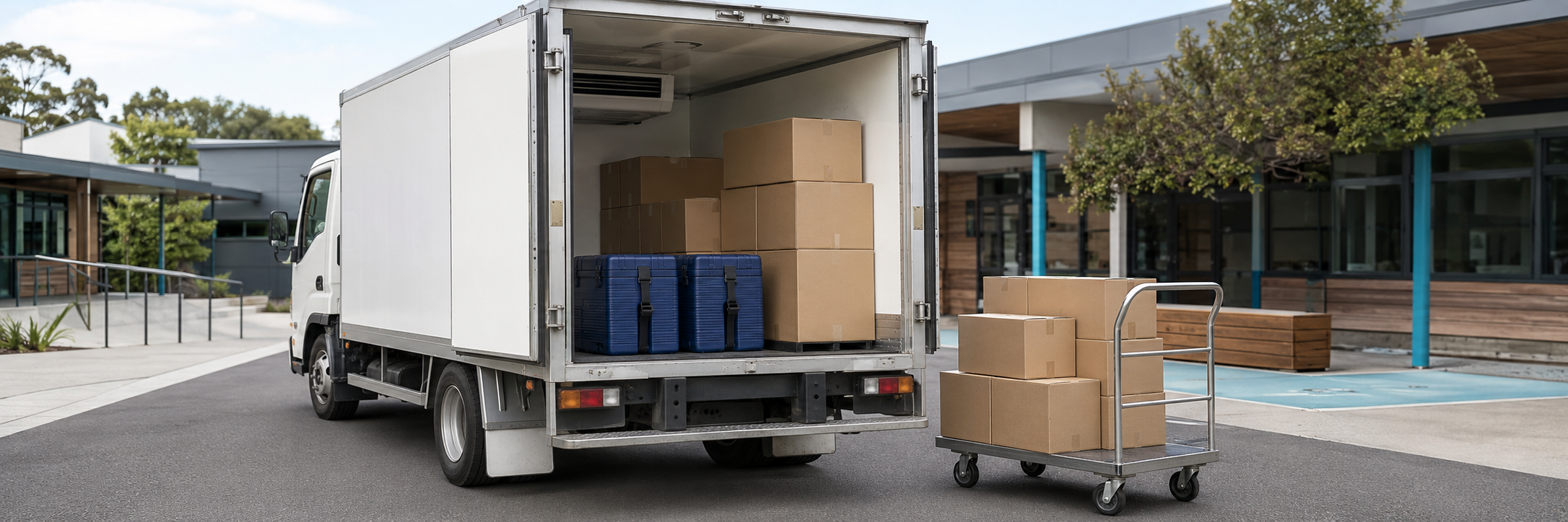 Sealed cartons and insulated food containers ready for delivery from a refrigerated truck at an Auckland school.