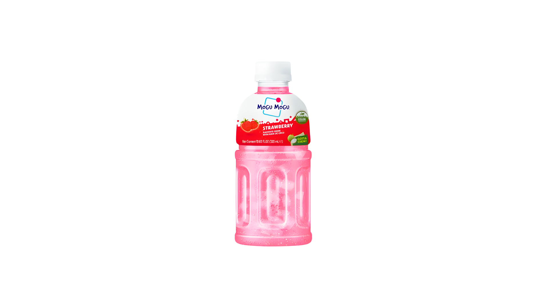 Pink strawberry flavored beverage bottle with a white cap and a red label featuring strawberries, with green accents and branding.