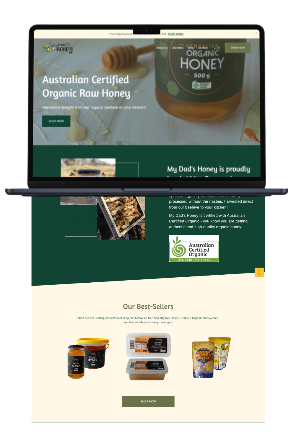 Webpage displaying Australian certified organic honey products, including a jar of honey and honeycomb, with a green and cream theme and a 'Shop Now' button.