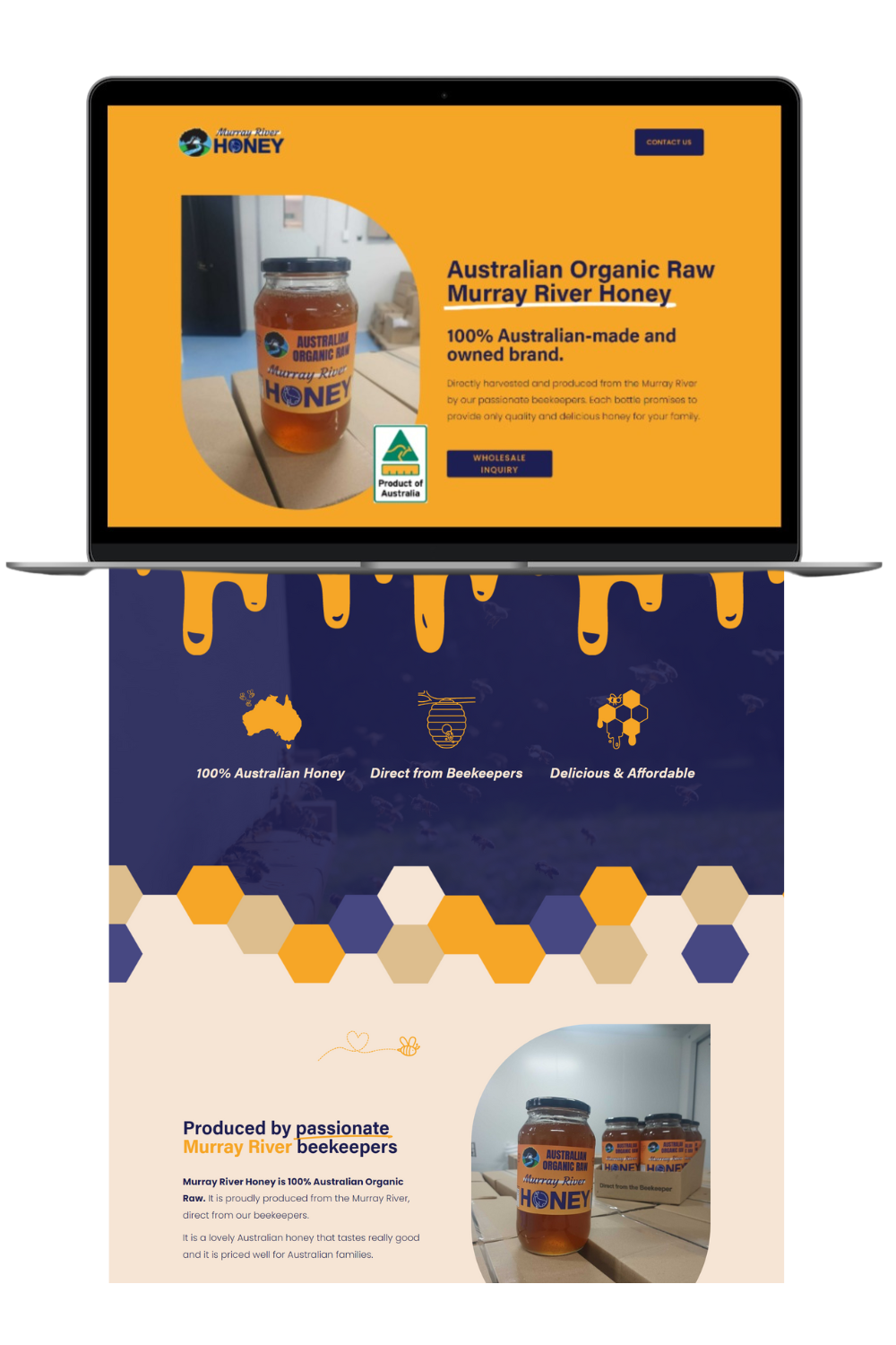 Laptop displaying a website for Murray River Honey, an Australian organic honey brand. The site features a jar of honey, Australian map icon, honeybee and honeycomb graphics, and text emphasizing the honey's natural quality, direct from beekeepers, and affordability.