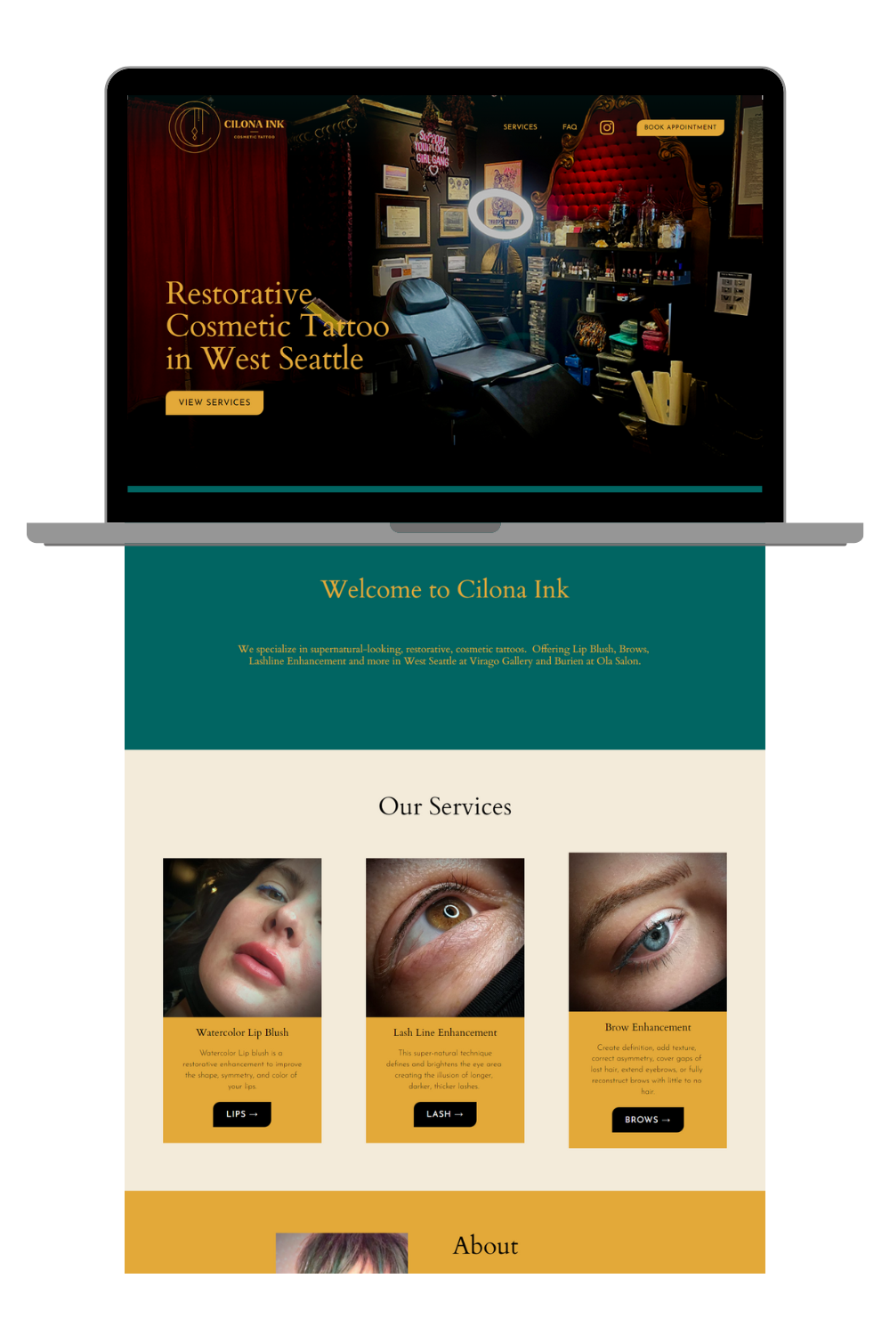 Screenshots of a website for Cilona Ink, a cosmetic tattoo and tattoo studio, showing a tattooing room with a chair, shelves with supplies, and decorative wall art; and a homepage section with a welcome message, service descriptions for lip blush, lash line enhancement, and brow enhancement, each with a photo, description, and button.