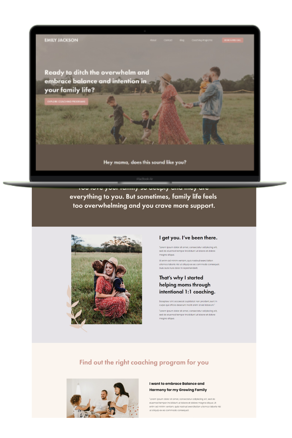 Screenshot of a website homepage for family coaching, featuring images of families and children outdoors, with navigation menu, and supportive text.