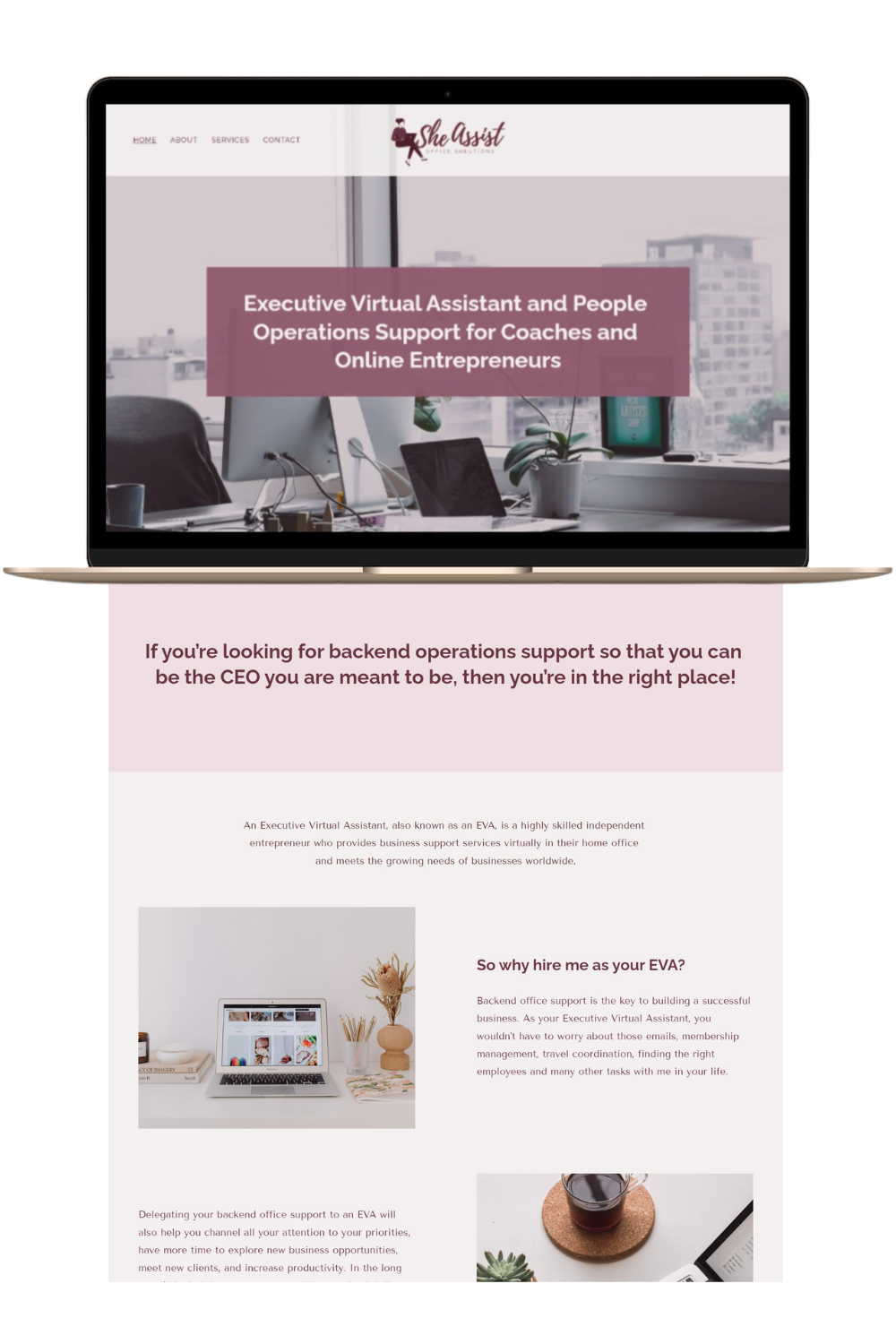 Screenshot of a website for She Assist, offering virtual assistant and business support services for coaches and entrepreneurs, featuring an office workspace with computer, plants, and city view.