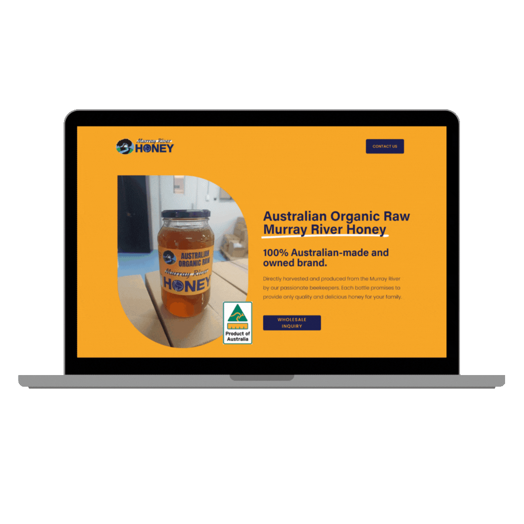 Laptop screen displaying a Squarespace website for Murray River honey with a picture of a honey jar. E-commerce website showing Australian organic raw honey, owned and produced by Australian beekeepers, with options for wholesale inquiry and contact.