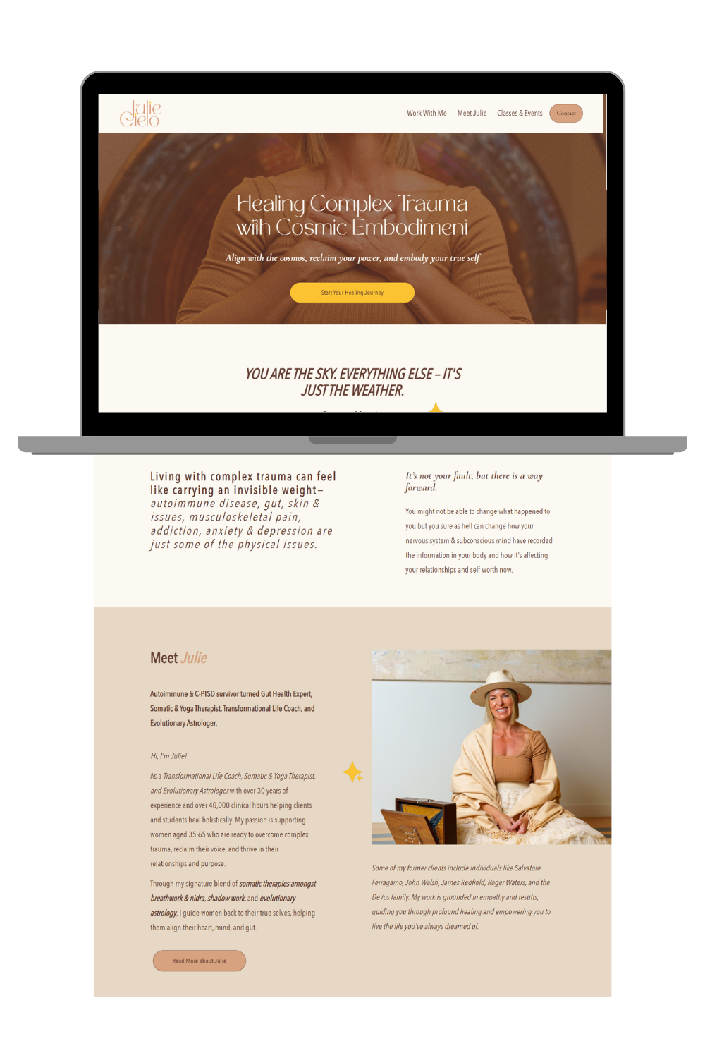 Screenshot of Julie Cielo's website homepage, featuring a woman in a beige hat sitting on the floor with a light-colored wall behind her, promoting healing complex trauma and cosmic embodiment.