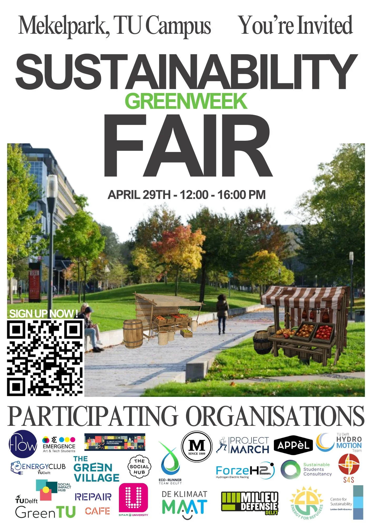 Poster for TU Delft’s Sustainability Fair, held on 29 April 2025 from 12:00 to 16:00 at Mekelpark.