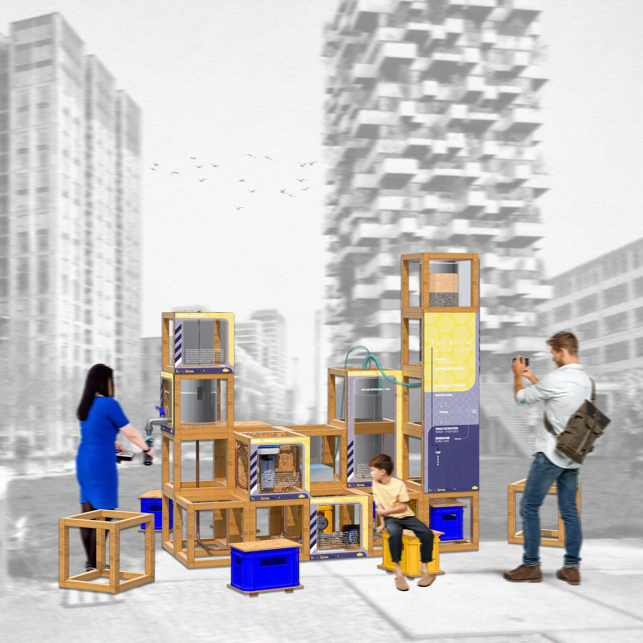 Design render of Rain Vessel’s timber modules, water tanks and seating.