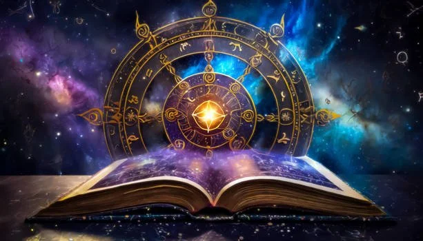 Open magical book with glowing pages, celestial background, and a large golden compass with zodiac symbols floating above the book.