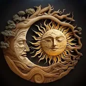A decorative sun and moon wall art with a face on the sun and moon, surrounded by swirling patterns.