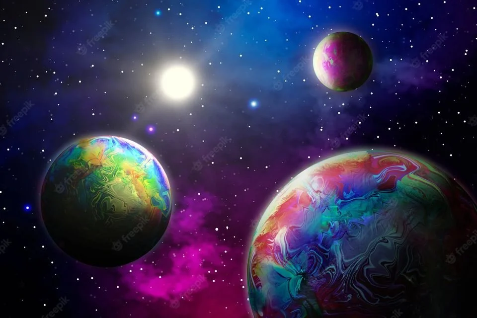 Colorful planets and stars in outer space.