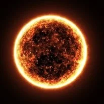 A fiery, glowing sun with a dark, textured surface