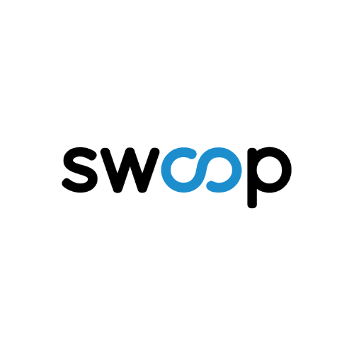 Swoop logo with black and blue text and a blue infinity symbol replacing the two 'o's' in 'swoop'.