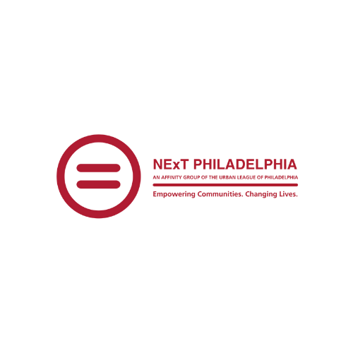 Logo of NEXT Philadelphia with a red circular symbol and the tagline "Empowering Communities, Changing Lives".