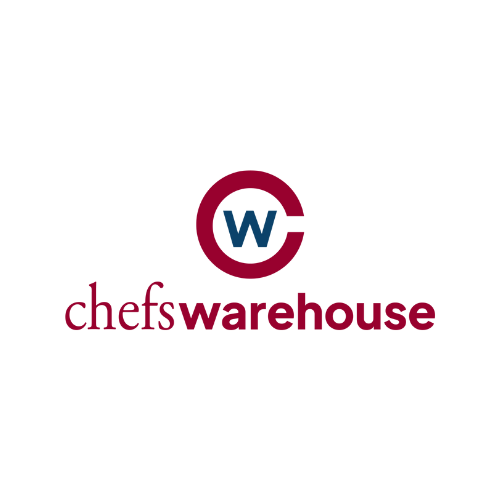 ChefsWarehouse logo with a large maroon 'C' surrounding a blue 'W', and the text 'chefswarehouse' below in maroon and dark red.
