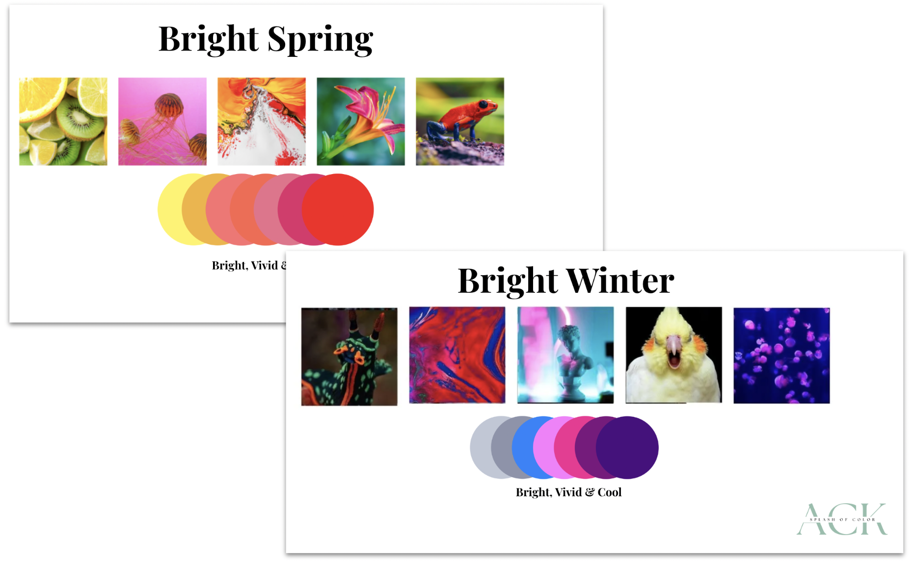 Comprehensive recommendations of makeups, fashion, hair, nails, and jewelery to match a person's season identified during a personal color analysis session at Splash of Color ACK in Wellesley, MA