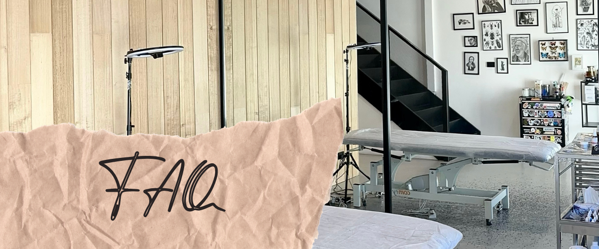 Interior view of Yuna Tattoo’s clean, cosy and private studio in Melbourne, with FAQ text overlay.