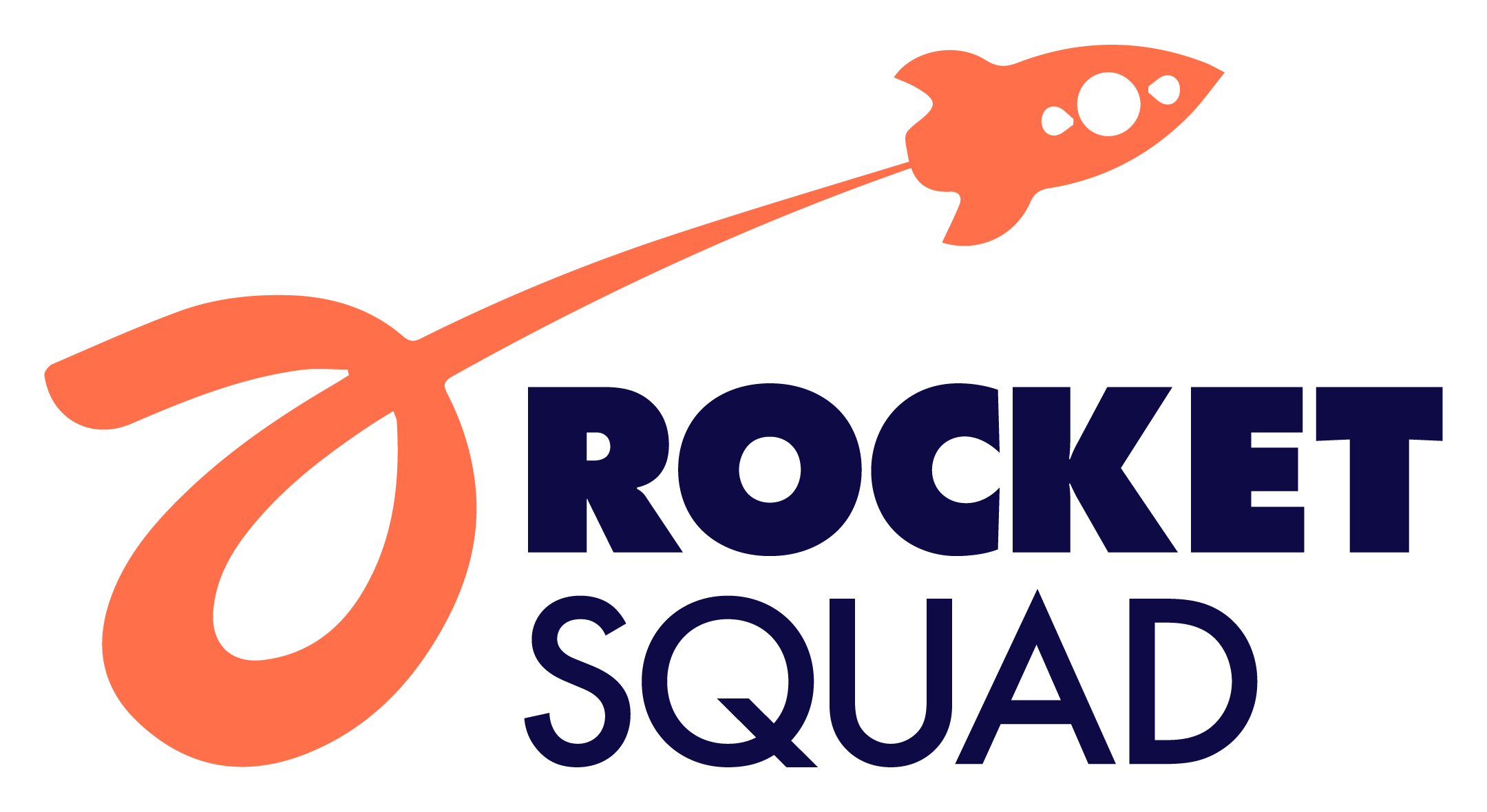 A logo featuring an orange rocket with a flame trail and the words "Rocket Squad" in bold navy blue text.