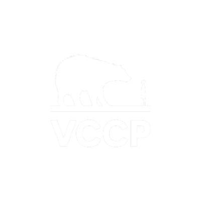 A stylized white bear walking on a horizontal line with the abbreviation "VCCP" below it, all on a black background.