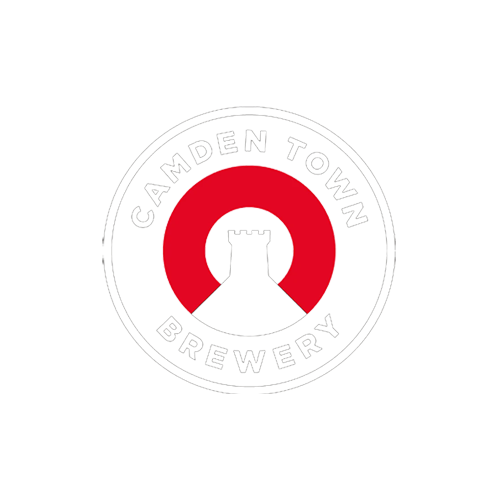 Camden Town Brewery logo with a white castle tower inside a red and black circle on a black background.
