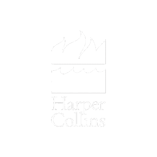 Harper Collins logo with a stylized white flame over an open book on a black background.