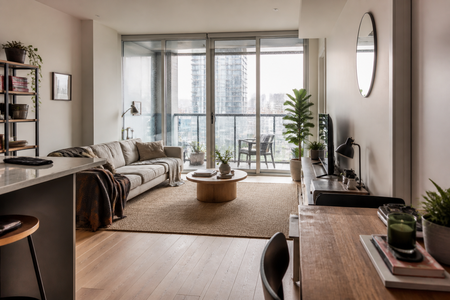 Bright Toronto condo living room with a balcony and city view.