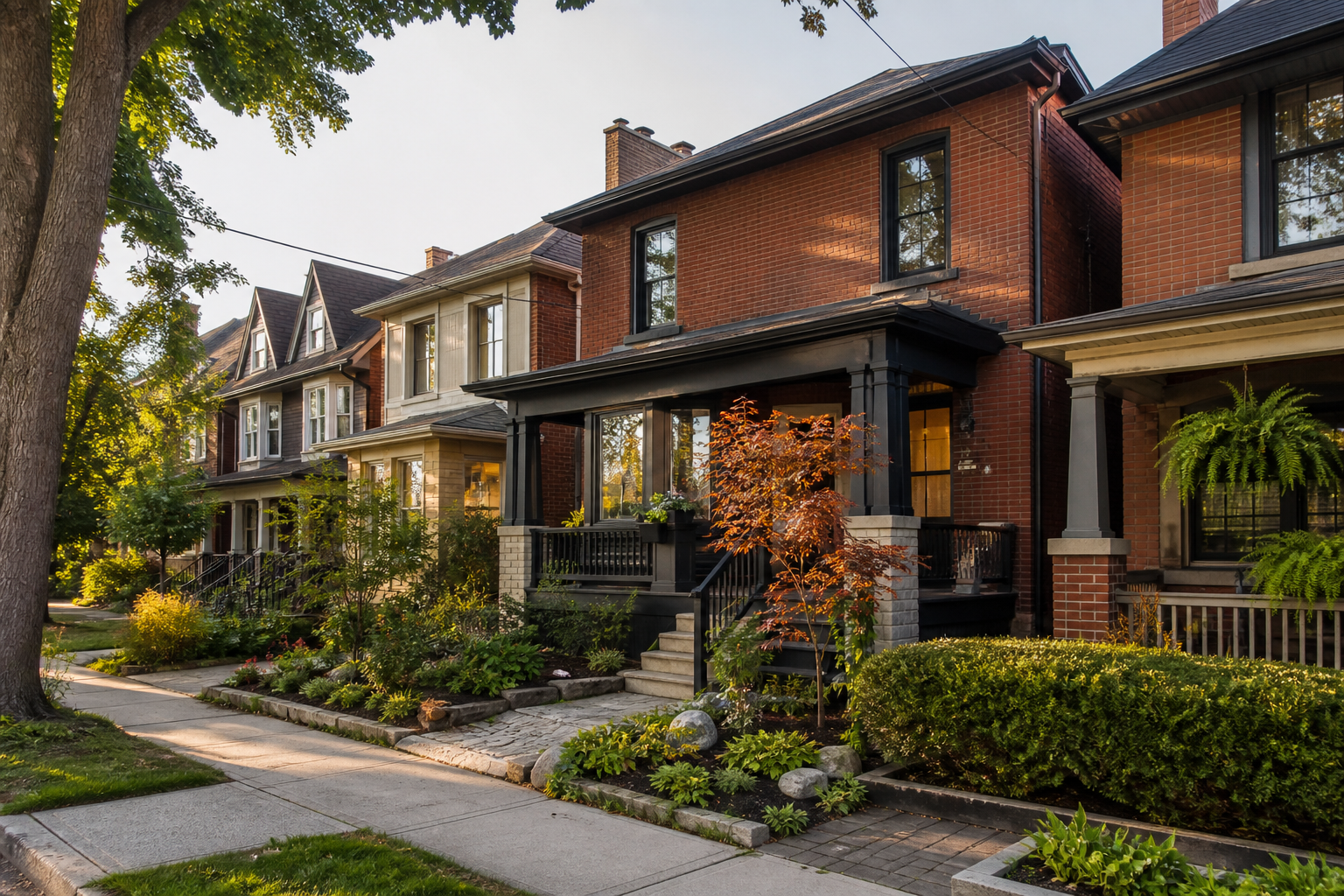 Brick homes on a tree-lined residential street in Toronto.
