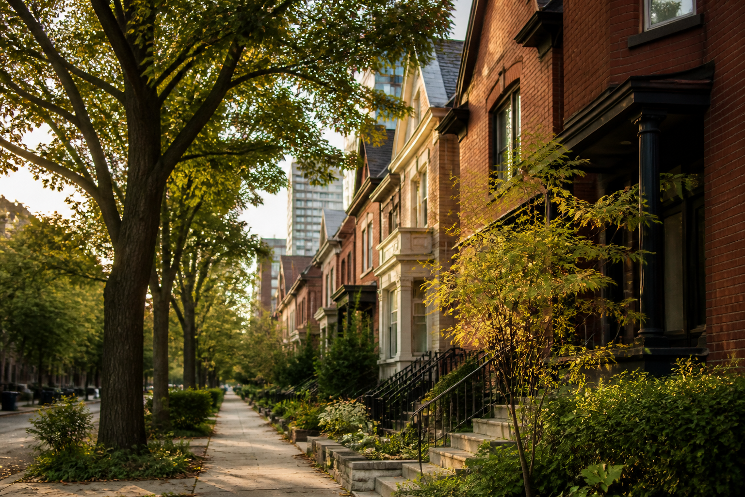 Tree-lined Toronto neighbourhood with brick homes and mid-rise buildings.